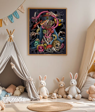 Colorful skeleton with skulls and snake illustration