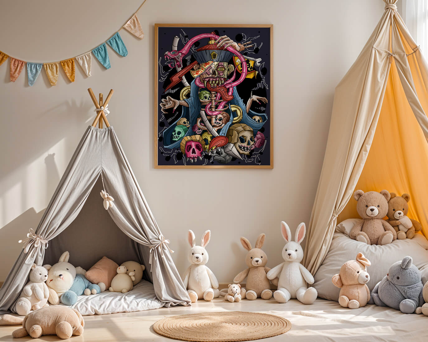 Colorful skeleton with skulls and snake illustration
