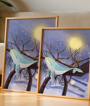 Whale resting on tree branches under starry night sky