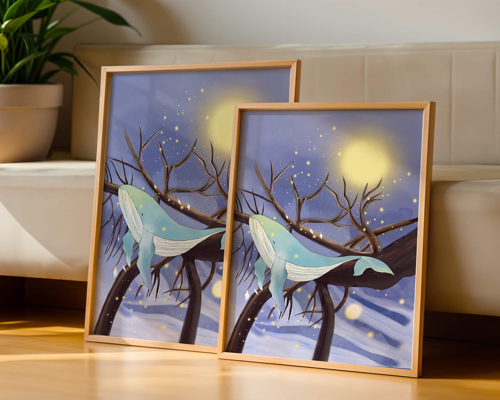 Whale resting on tree branches under starry night sky