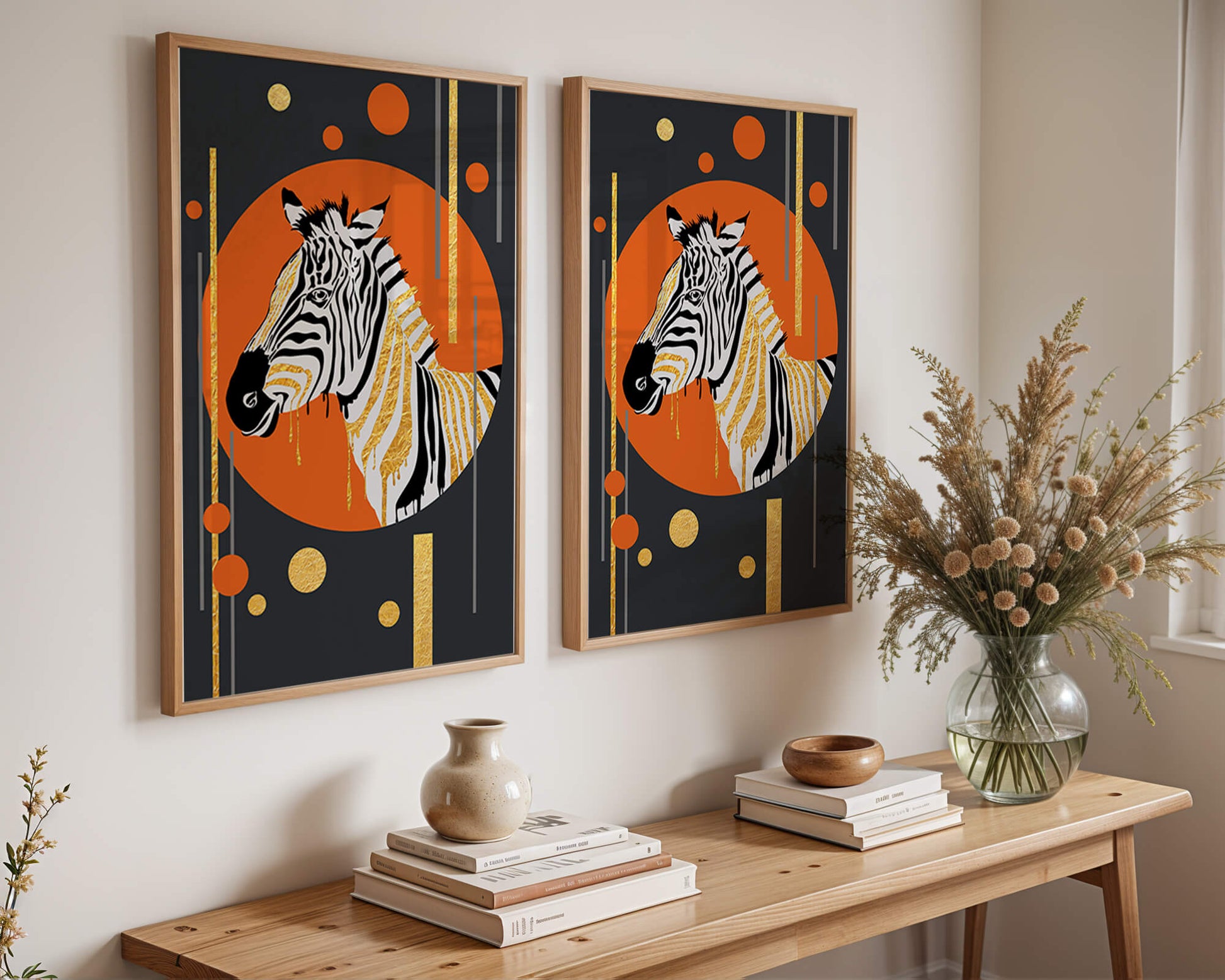Modern zebra art with golden accents on abstract background