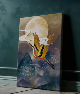 Majestic Gold-Crimson Crane Flying Over Misty Mountains in Moonlight