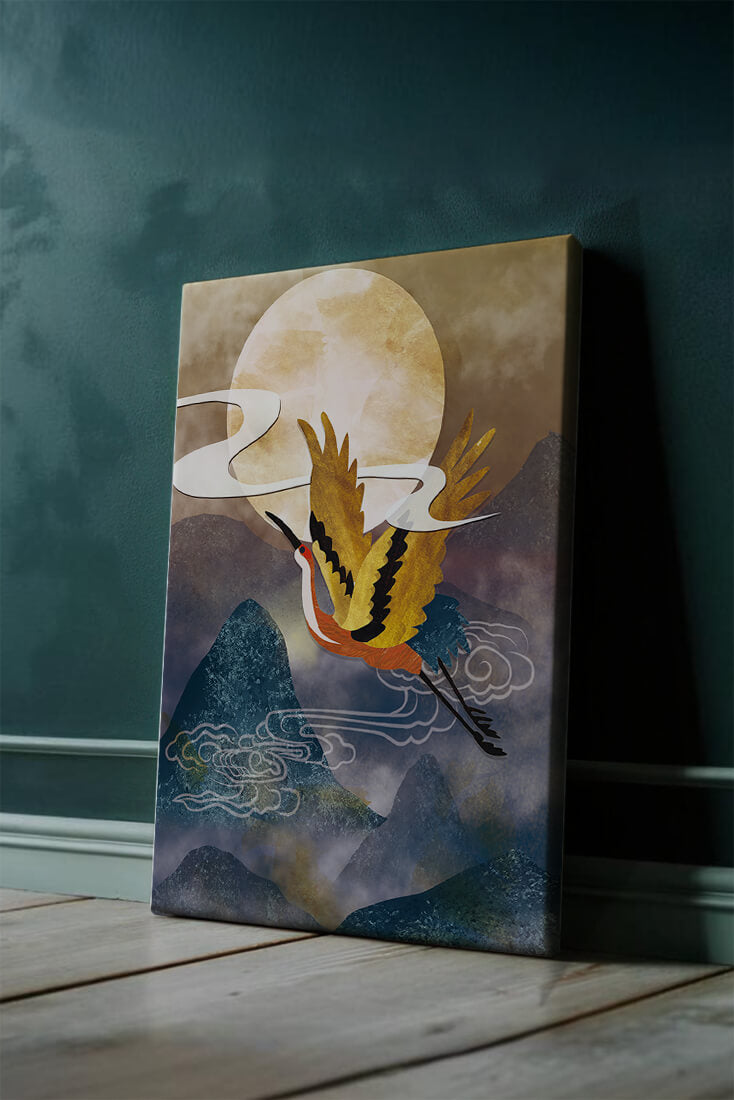 Majestic Gold-Crimson Crane Flying Over Misty Mountains in Moonlight