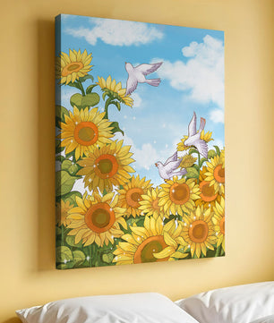 Friedliche Szene mit Sonnenblumen und Tauben unter einem strahlend blauen Himmel