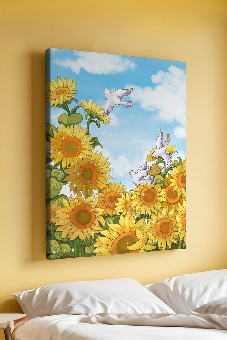 Friedliche Szene mit Sonnenblumen und Tauben unter einem strahlend blauen Himmel