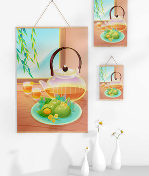 Tea set with green treats and bamboo leaves in serene setting