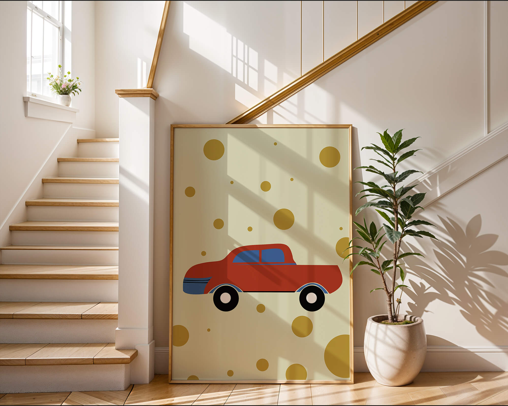 Abstract illustration of a red car with golden circles on a beige background