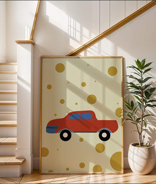 Ilustración abstracta de un coche rojo con círculos dorados sobre un fondo beige