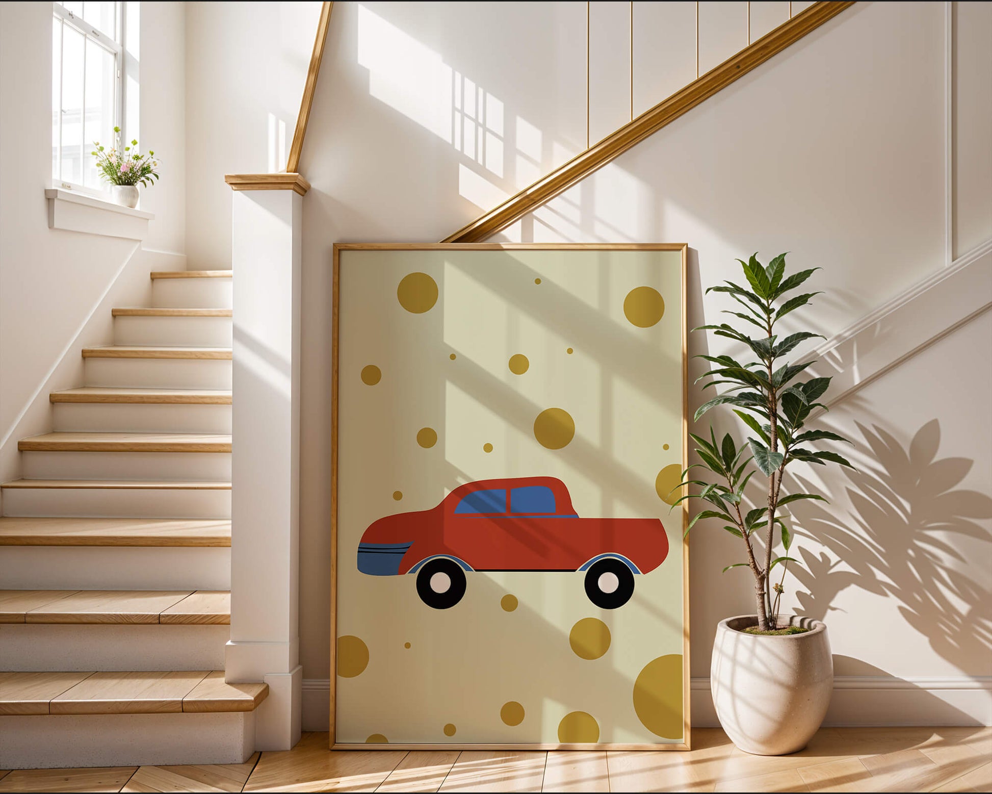 Abstract illustration of a red car with golden circles on a beige background