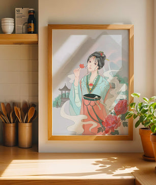 Elegant Asian woman with flowers and mountain background