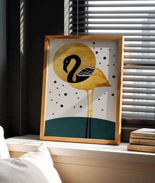 Ilustración elegante de flamenco dorado y negro con elementos de puntos abstractos