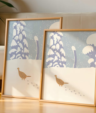 Winter landscape with pheasant walking through snowy forest