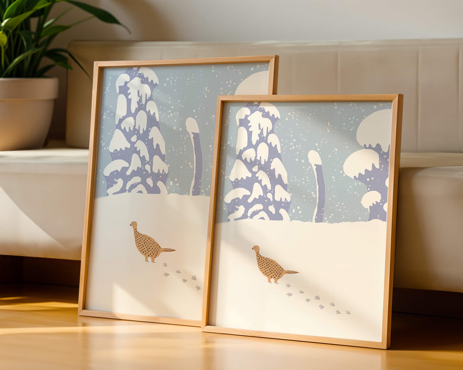 Winter landscape with pheasant walking through snowy forest