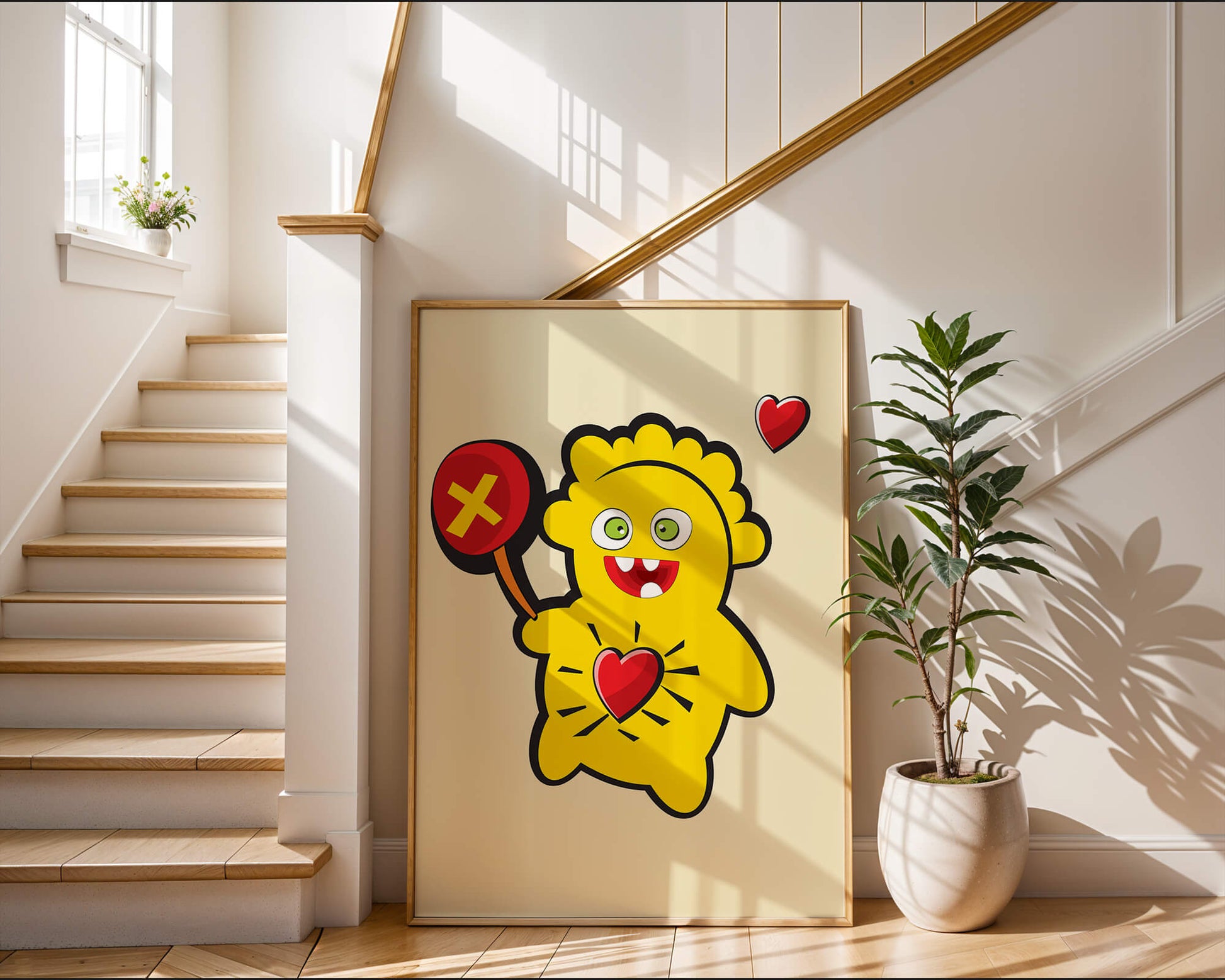 Colorful cartoon character with heart and playful design