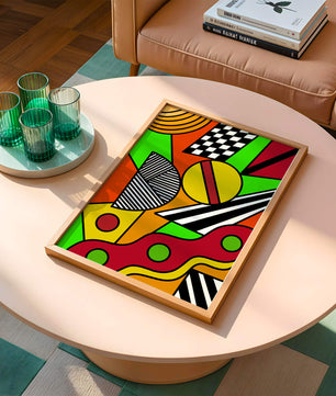 Vibrant geometric abstract artwork with bold colors and shapes