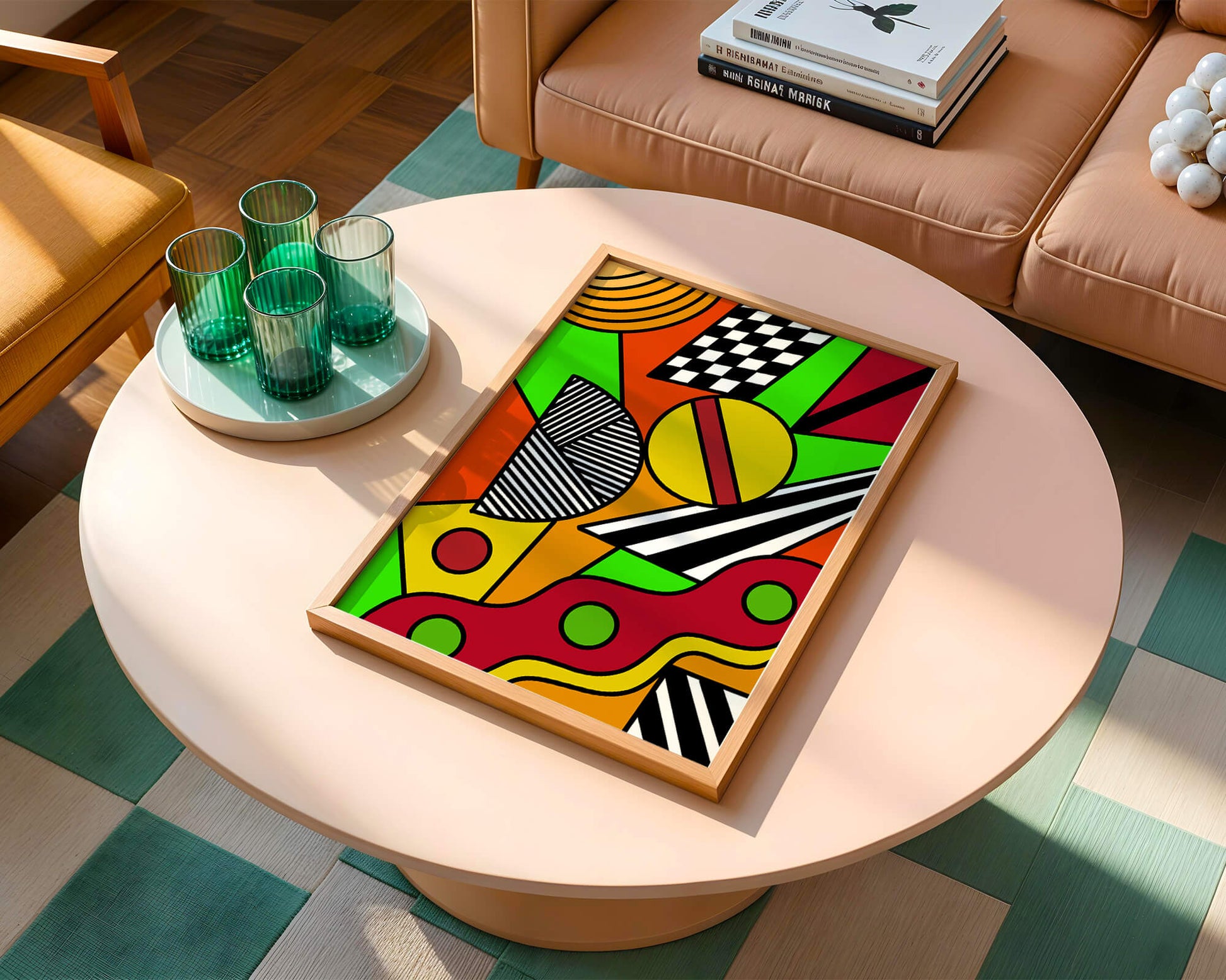 Vibrant geometric abstract artwork with bold colors and shapes