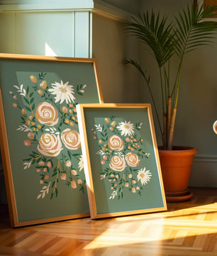 Floral illustration with roses and daisies on green background