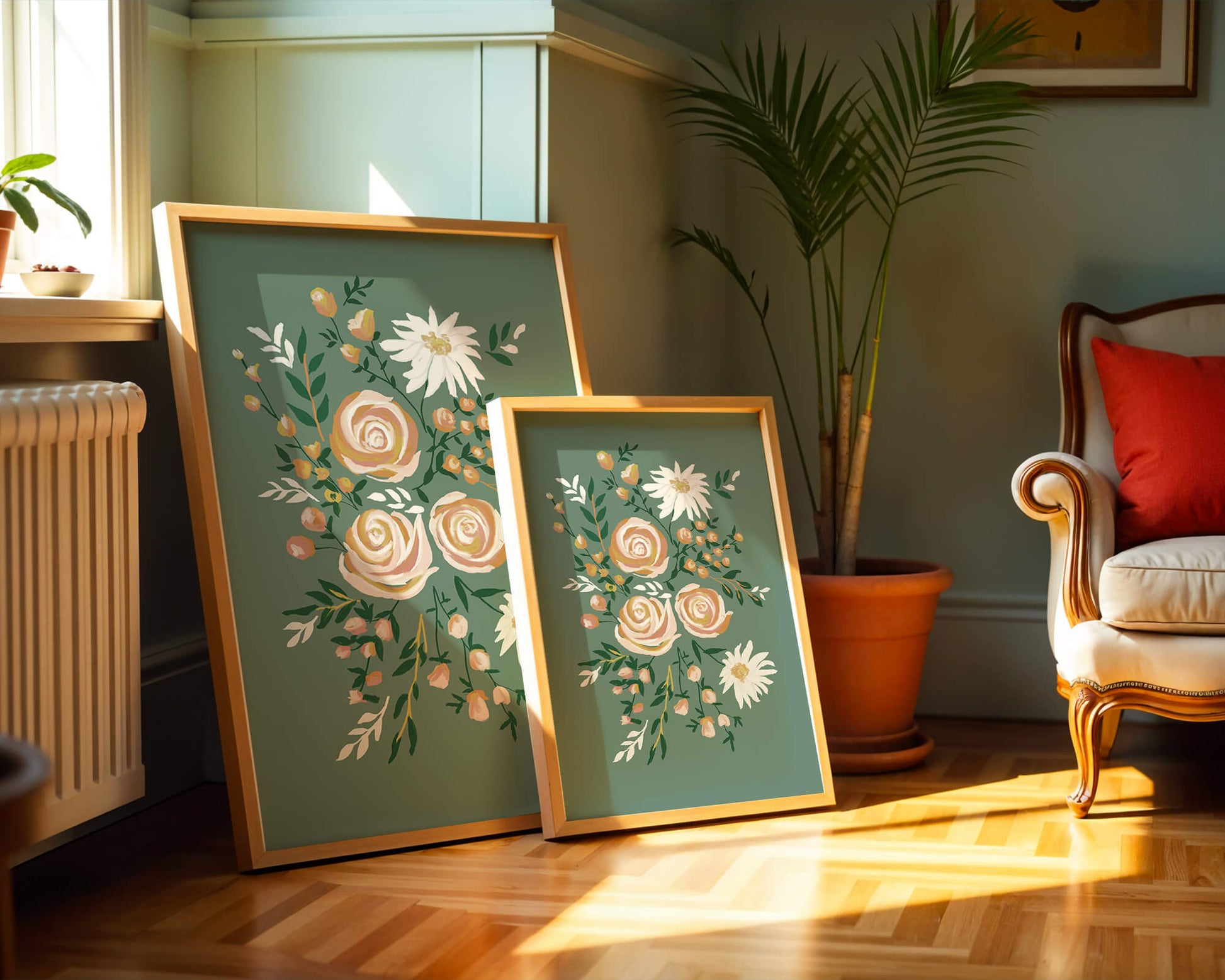 Floral illustration with roses and daisies on green background