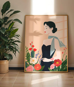 Elegant Woman with Floral Background and Scarf