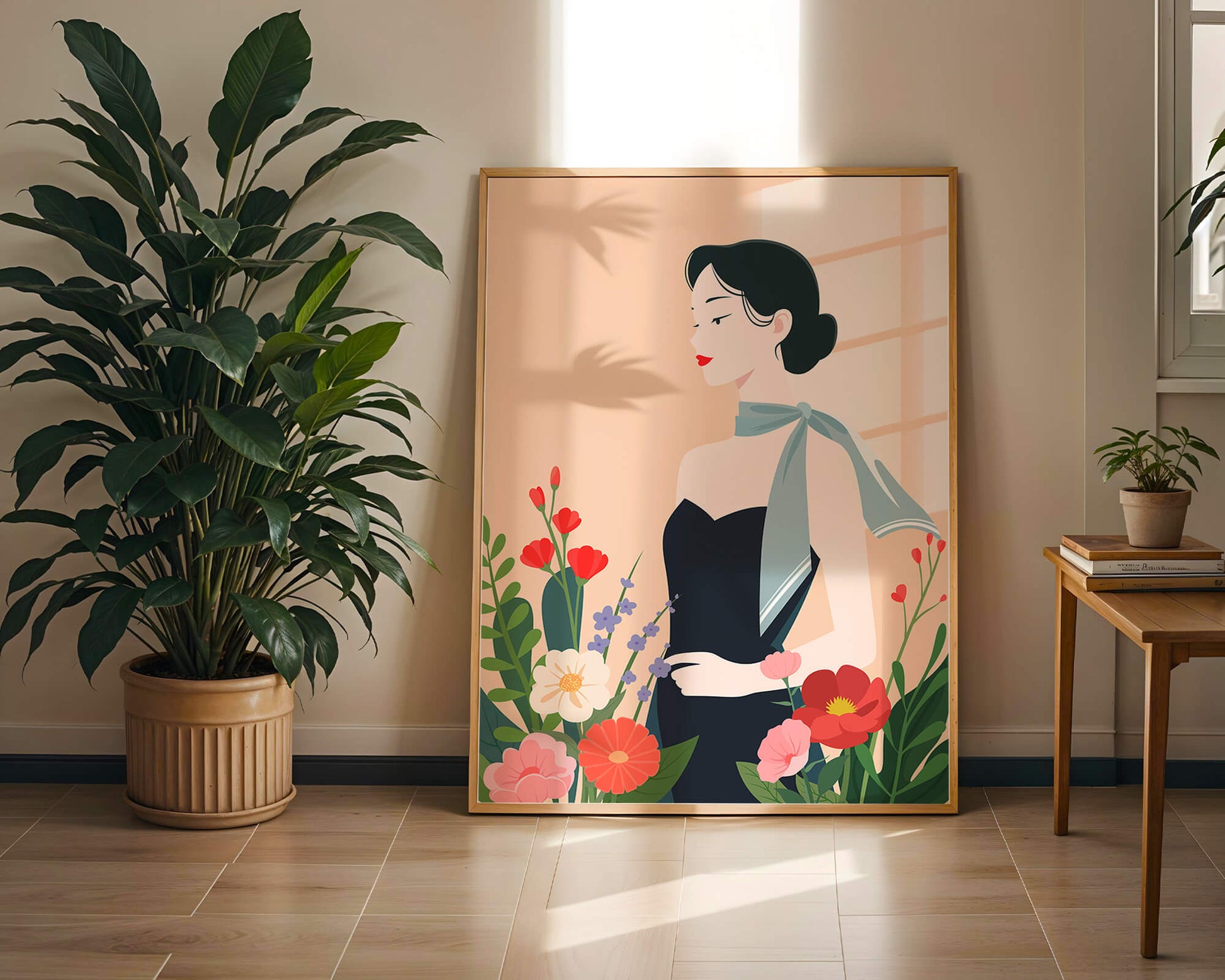 Mujer elegante con fondo floral y bufanda