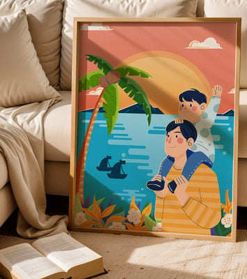Father and son enjoying a tropical sunset with palm trees and boats