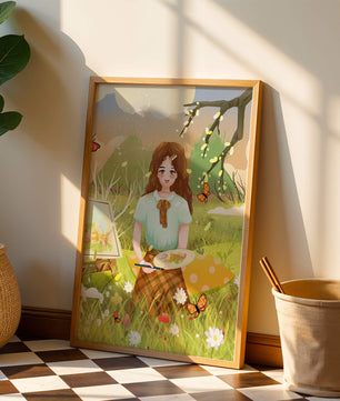Ilustración de una chica pintando al aire libre rodeada de mariposas y flores