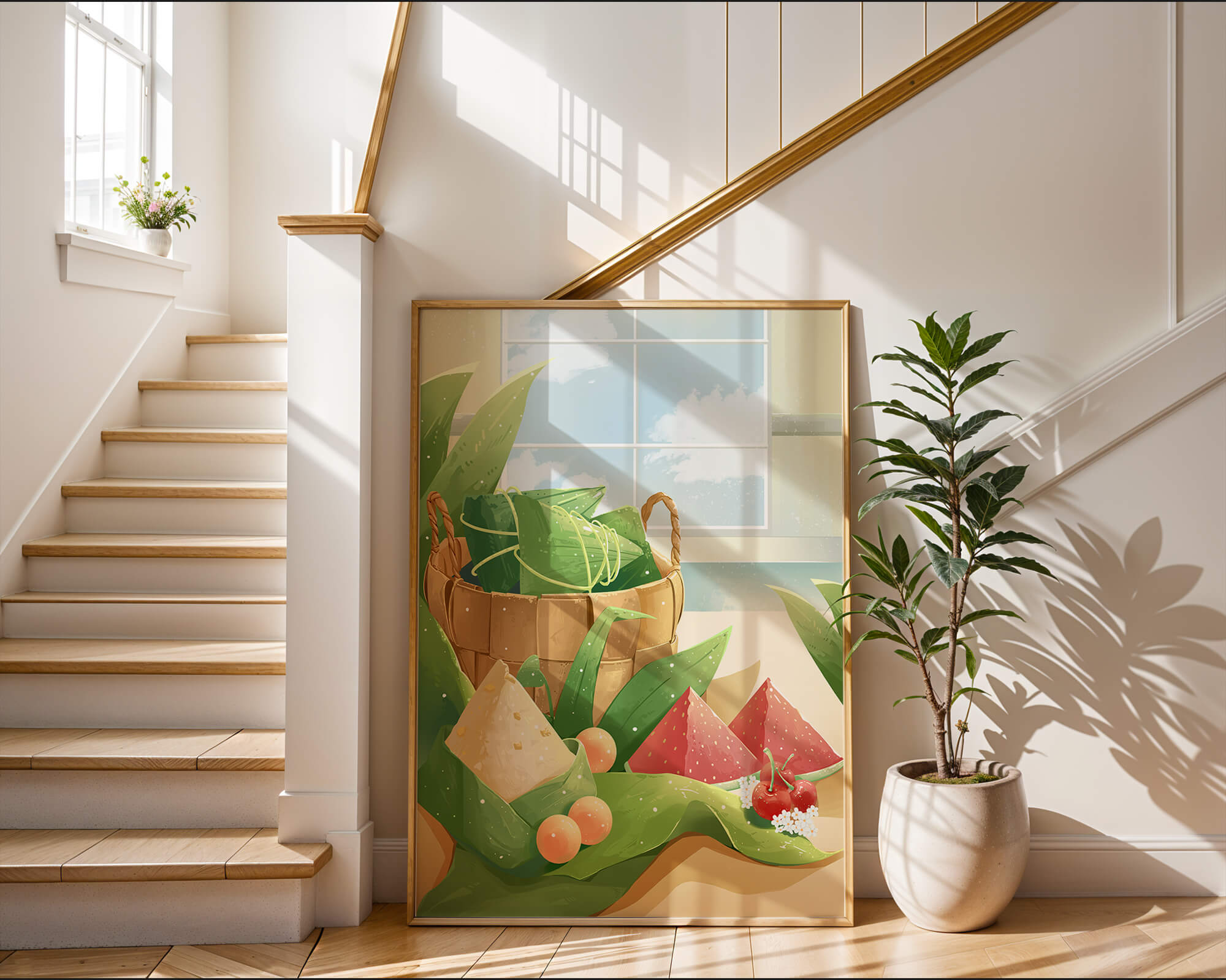Serene kitchen scene with basket of fruits and leaves
