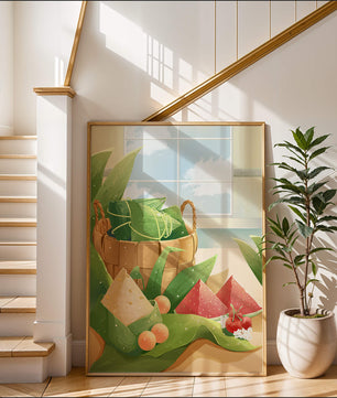 Scène de cuisine sereine avec un panier de fruits et de feuilles