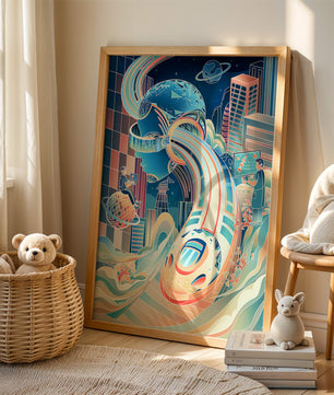 Futuristische Illustration mit VR-Thema und technologischen Elementen