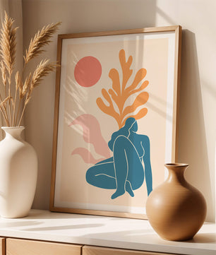 Abstract Nude Figure in Minimalist Design with Botanical Elements - Mi tienda