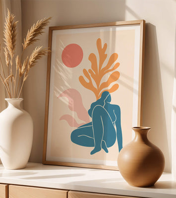 Abstract Nude Figure in Minimalist Design with Botanical Elements