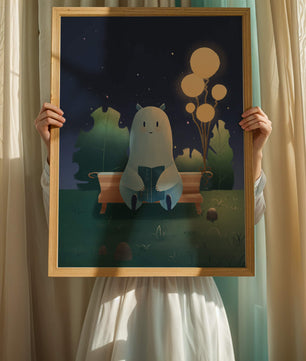 Ilustración nocturna acogedora con una criatura leyendo bajo un cielo estrellado