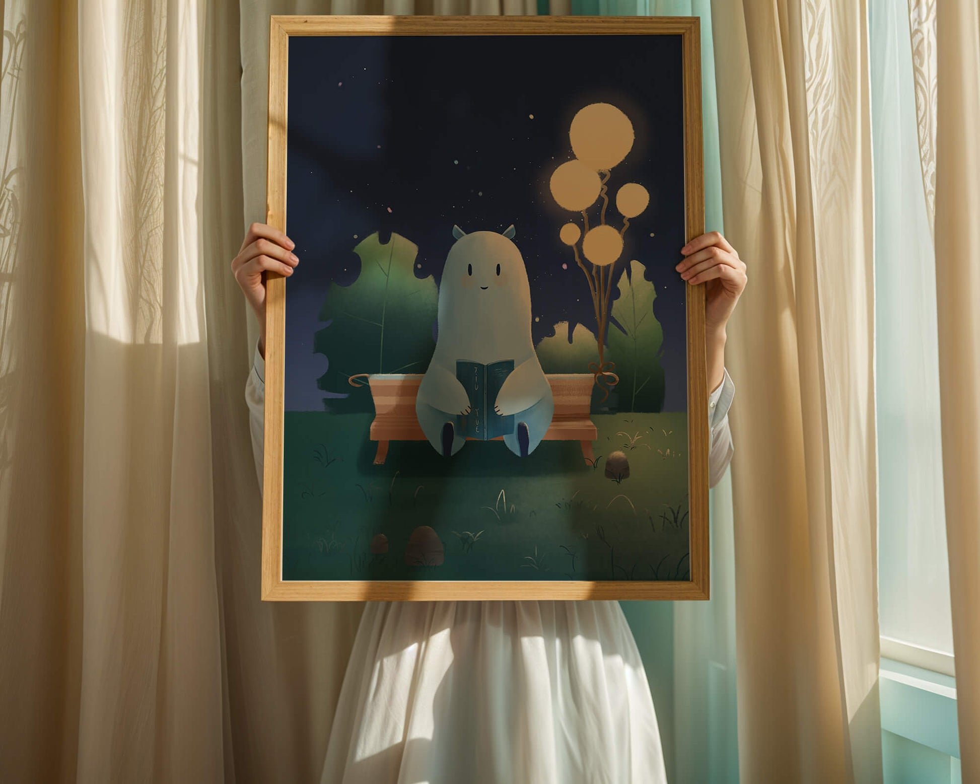 Cozy nighttime illustration with a creature reading under starry sky