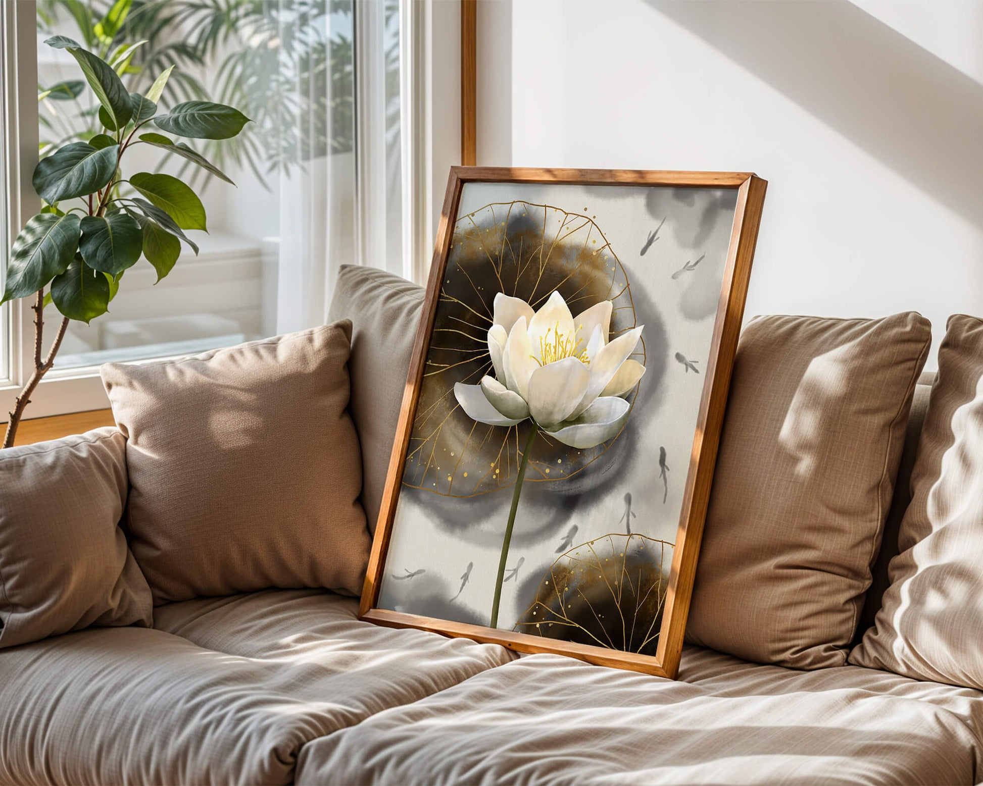 Illustration of a lotus flower with golden accents