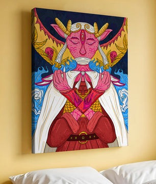 Surreal illustration of a mystical creature with golden horns and vibrant elements