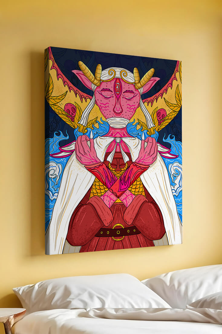 Surreal illustration of a mystical creature with golden horns and vibrant elements