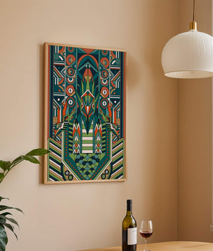 Design géométrique abstrait inspiré de l’Art déco avec des motifs symétriques et un motif animal