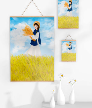 Young girl in a wheat field on a sunny day illustration