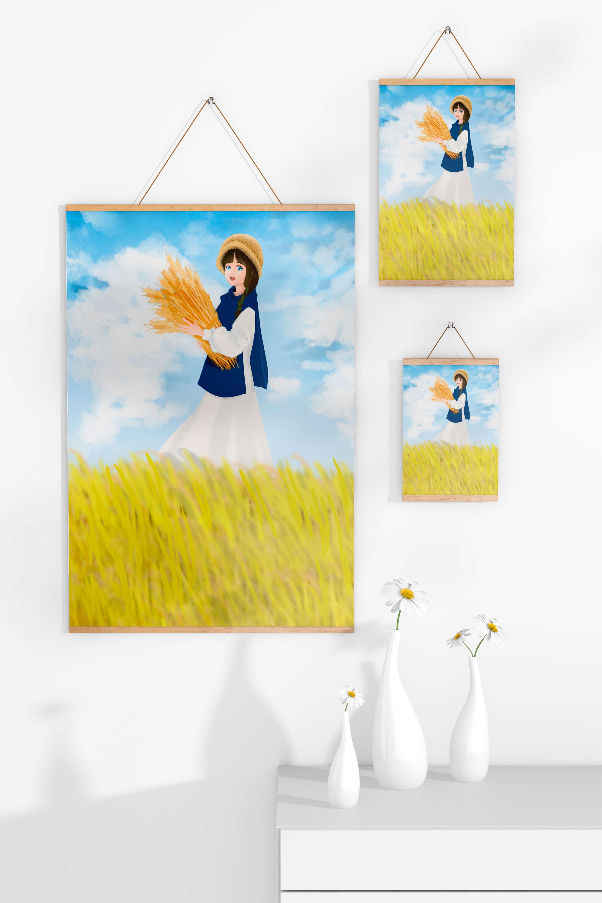 Young girl in a wheat field on a sunny day illustration