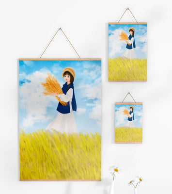 Young girl in a wheat field on a sunny day illustration