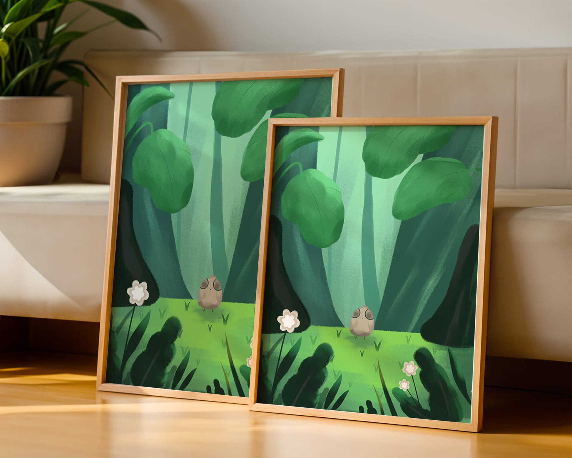 Scène de forêt enchantée avec un petit oiseau au milieu d'une verdure luxuriante