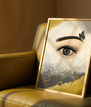 Artistic eye illustration with butterfly and abstract gold accents