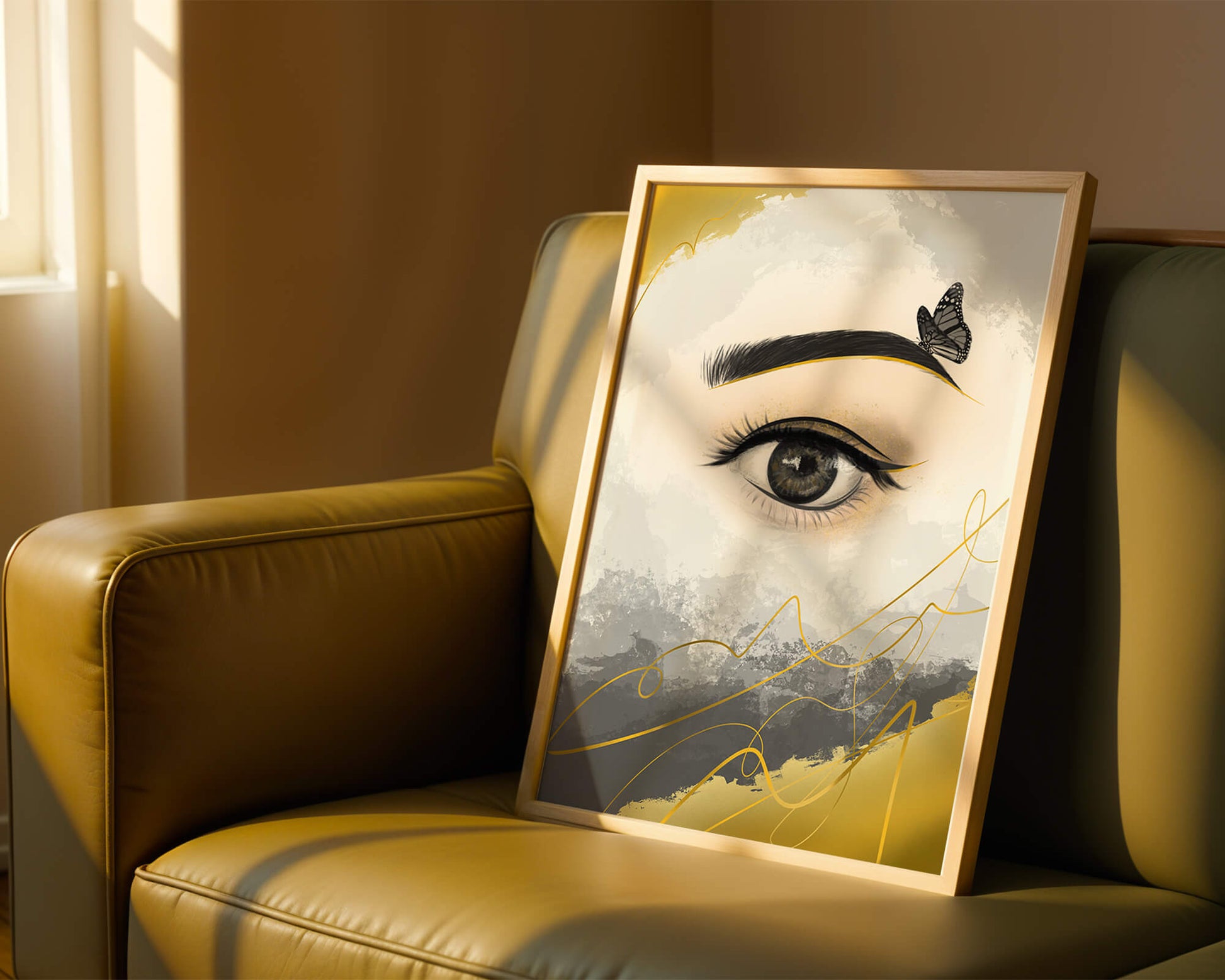 Artistic eye illustration with butterfly and abstract gold accents