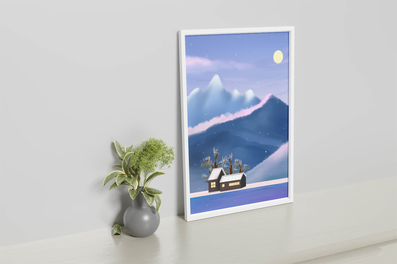 Paysage de montagne enneigée avec des maisons et des arbres sous la lumière de la lune