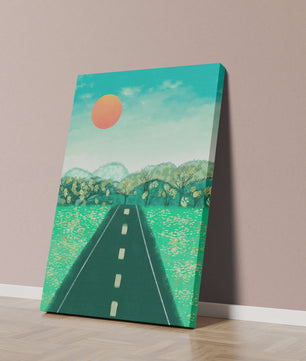Serene Landscape with Road Leading to Sunset and Lush Greenery