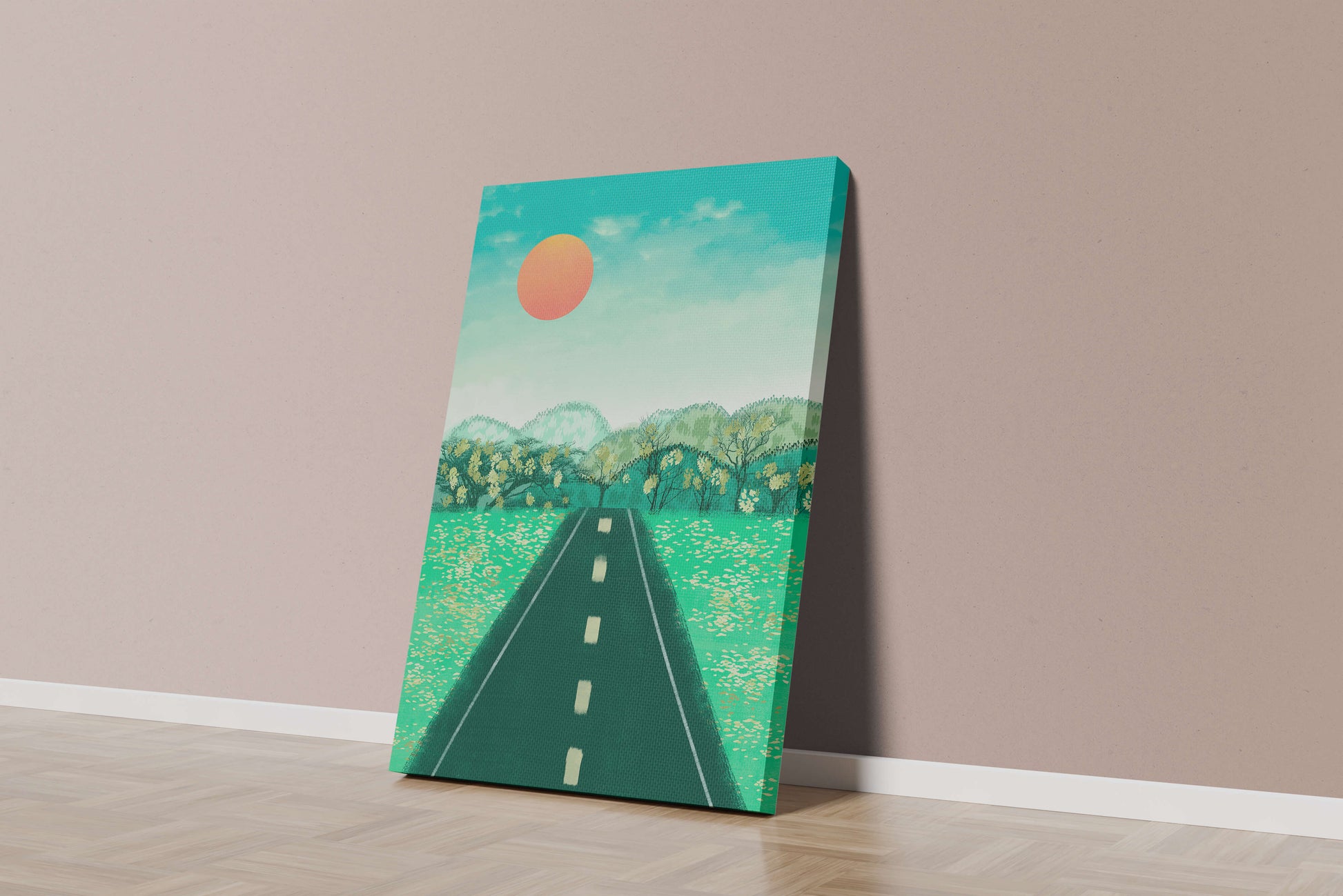 Serene Landscape with Road Leading to Sunset and Lush Greenery