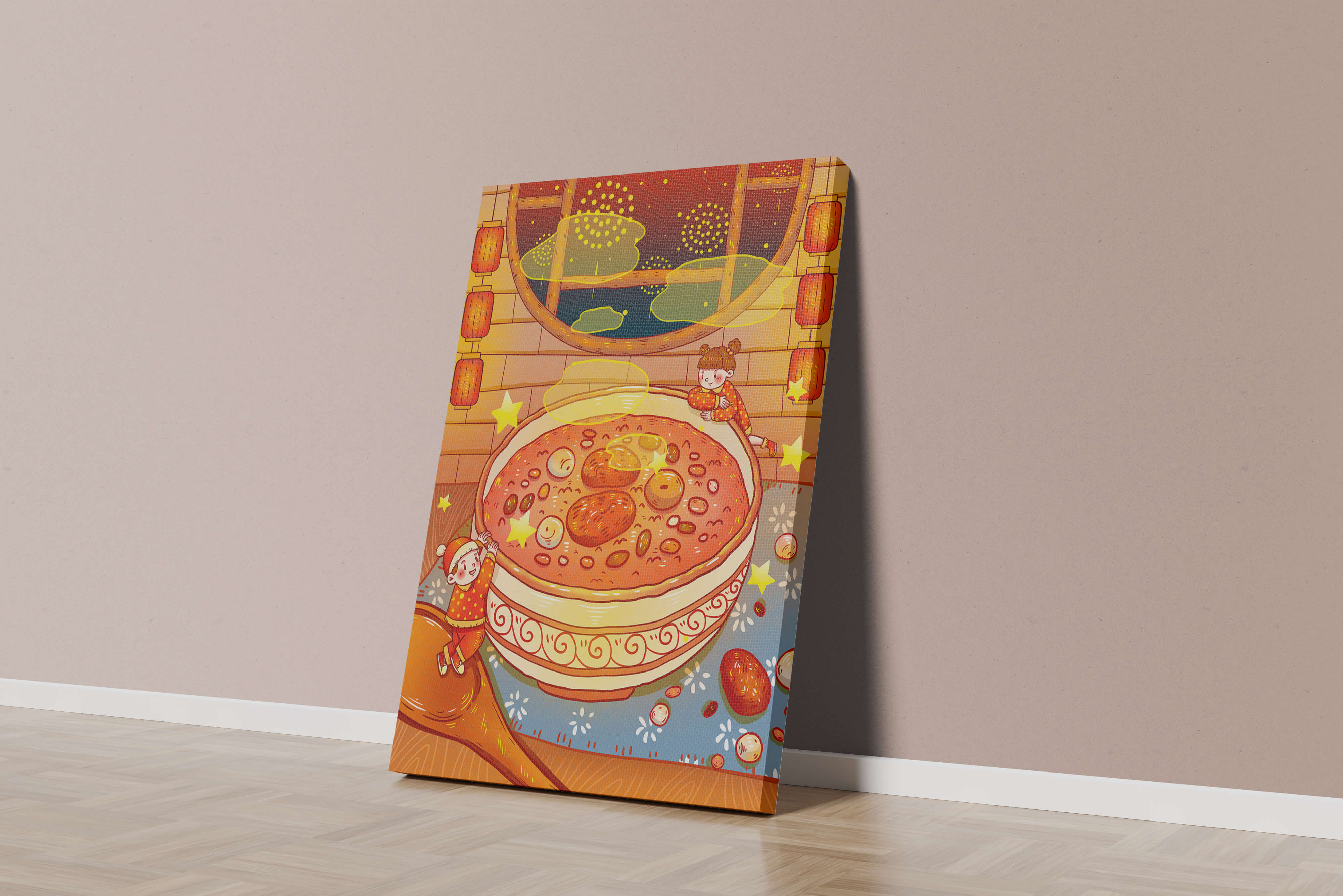 Cozy festive scene with children, a large bowl of soup, and lanterns