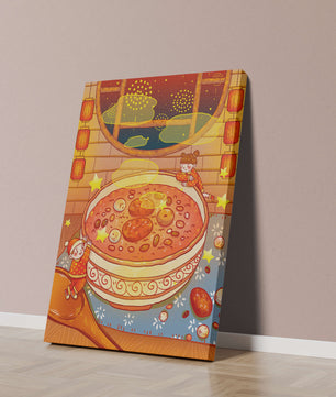 Scène festive et chaleureuse avec des enfants, un grand bol de soupe et des lanternes