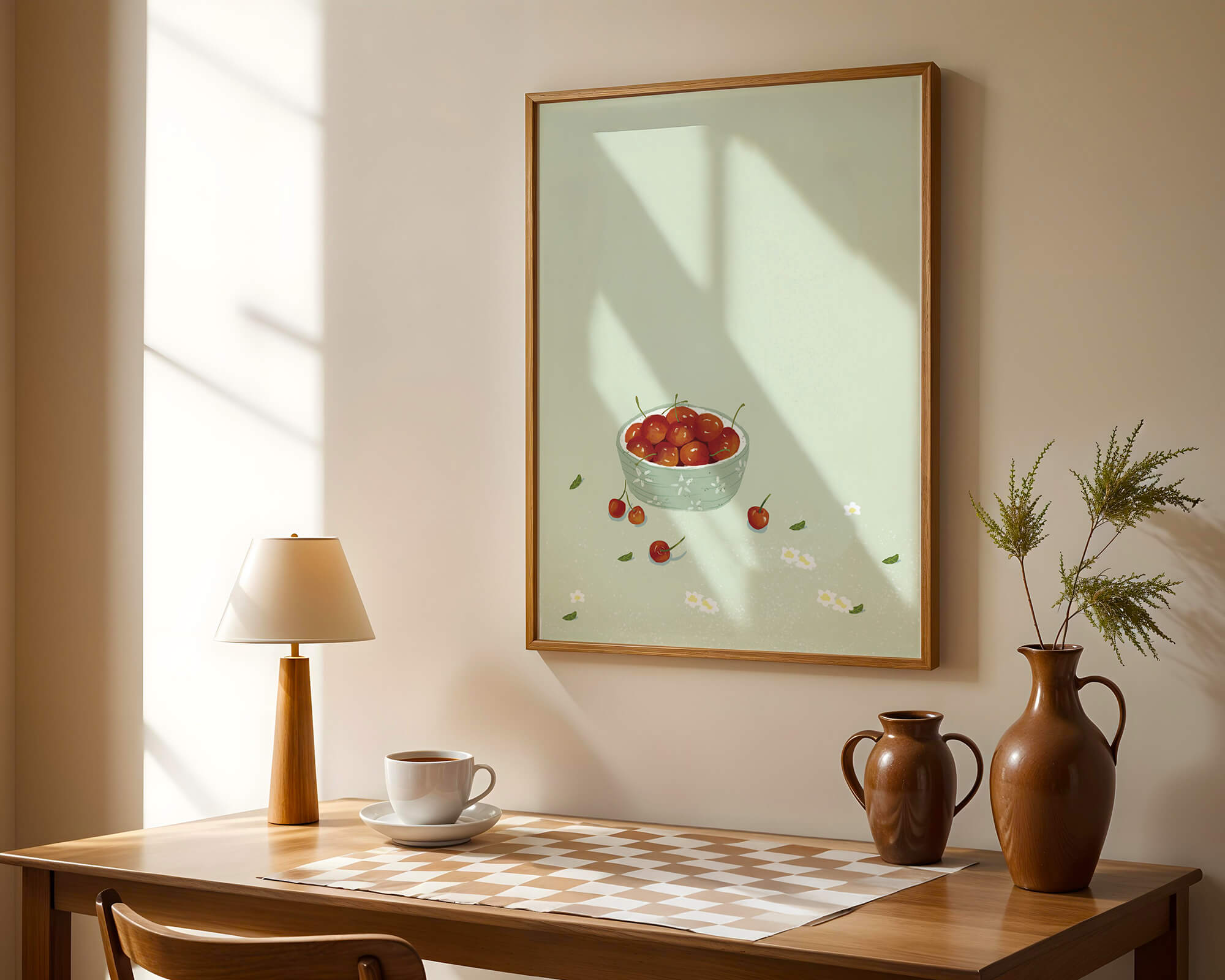 Cherries in a decorative bowl with floral accents on a soft green background