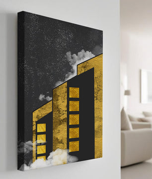 Ilustración arquitectónica artística con elementos dorados y cielo nocturno